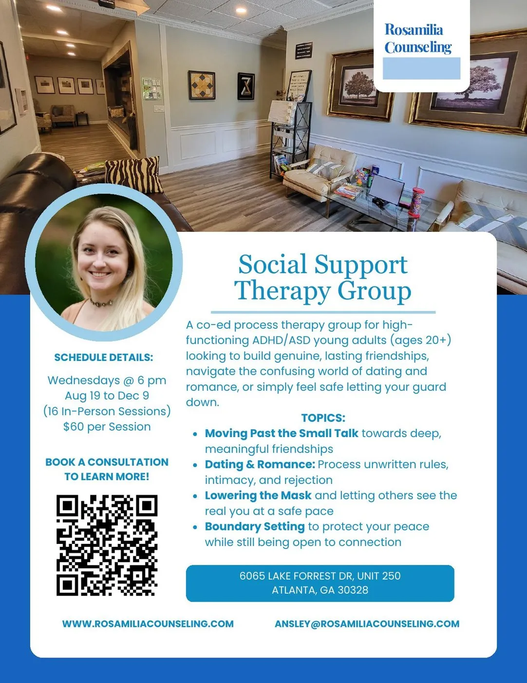 Flyer for the Social Support Therapy Group at Rosamilia Counseling in Atlanta, listing Wednesday 6pm sessions from August 19 to December 9 at $60 per session